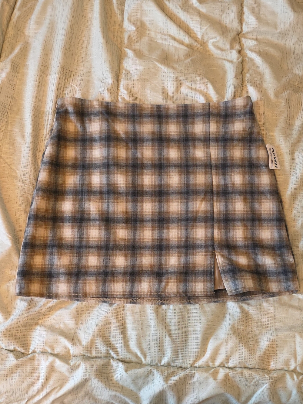 Old Navy Blue and Tan Plaid Mini Skirt with Side Slit